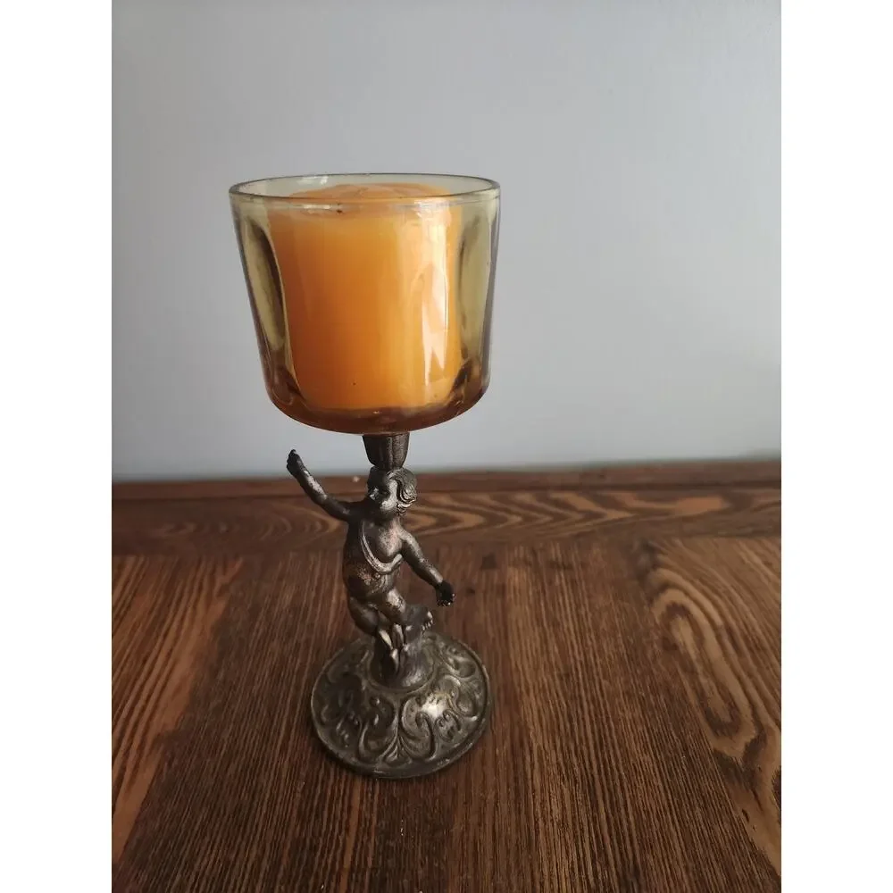 Vtg MCM  Hollywood Regency Style Cherub Votive Brass Candle Holder 8